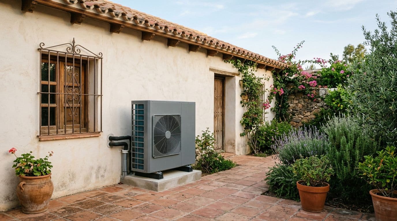 Unidad exterior de una bomba de calor de aerotermia instalada en la fachada de una vivienda unifamiliar.