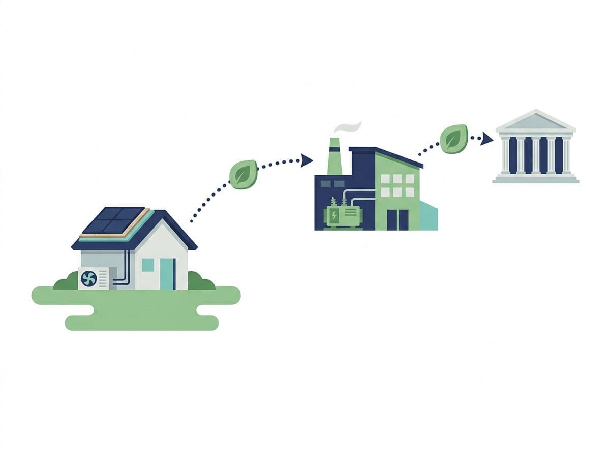 Ilustración del mercado de certificados de ahorro energético entre viviendas, empresas energéticas y la Administración.