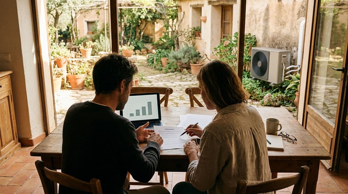 Propietario revisando con un gestor el contrato para vender el ahorro energético de su aerotermia.