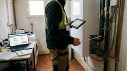 Técnico certificador tomando datos de una instalación de aerotermia para introducirla en CE3X.