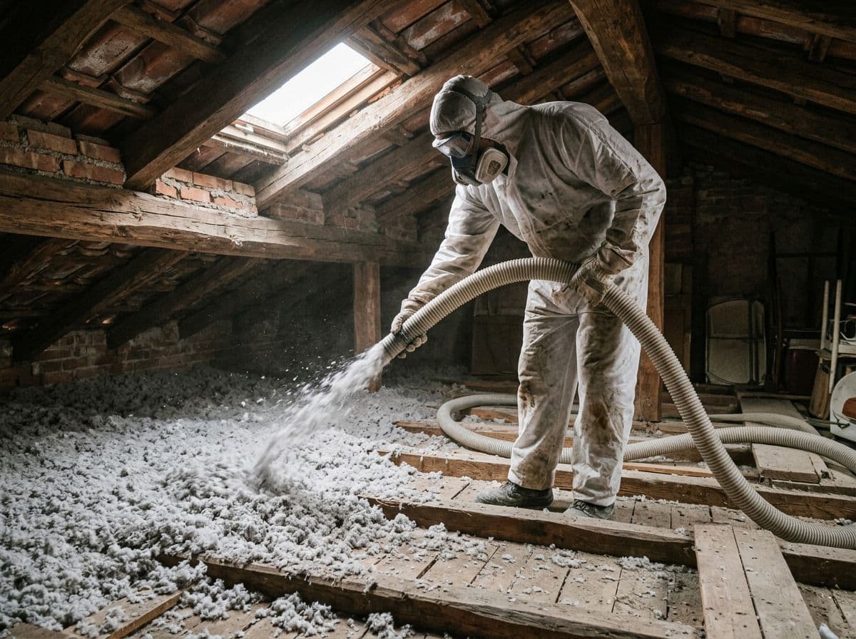 Instalador aplicando aislamiento insuflado en el suelo de un desván no habitable.